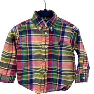 Ralph Lauren Baby Boys 9M Plaid Button Down Shirt Long Sleeve Cotton Navy Pony